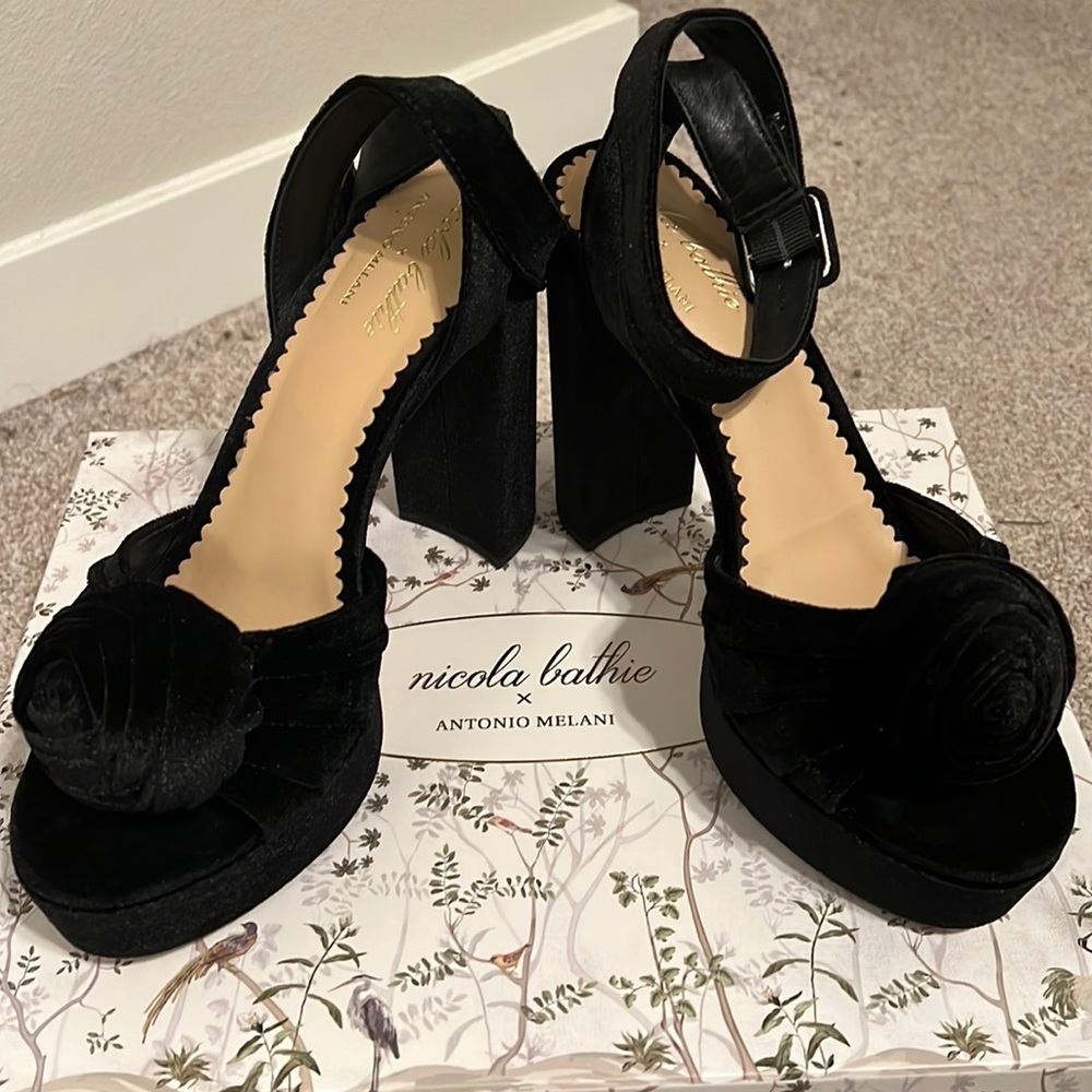 ANTONIO MELANI & NICOLA BATHIE EMILIA VELVET ROSE PLATFORM DRESS SANDALS